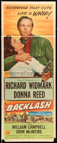 6g035 BACKLASH insert '56 Richard Widmark holds Donna Reed, suspense that cuts like a whip!