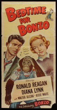 6g042 BEDTIME FOR BONZO insert '51 art of chimpanzee between Ronald Reagan & Diana Lynn!