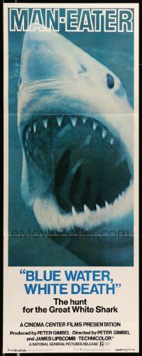6g050 BLUE WATER, WHITE DEATH insert '71 super close image of great white shark with open mouth!