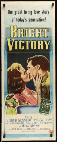 6g058 BRIGHT VICTORY insert '51 close up of blind Arthur Kennedy kissing pretty Peggy Dow!