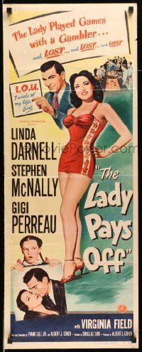 6g267 LADY PAYS OFF insert '51 sexy Linda Darnell in swimsuit gambles & loses, Stephen McNally!