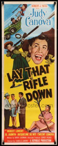 6g276 LAY THAT RIFLE DOWN insert '55 great wacky artwork of Judy Canova firing big gun!