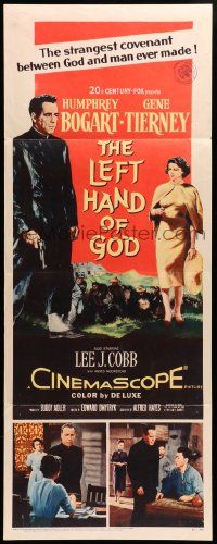 6g278 LEFT HAND OF GOD insert '55 art of priest Humphrey Bogart holding gun + sexy Gene Tierney!