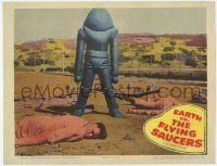 6j158 EARTH VS. THE FLYING SAUCERS LC '56 cool image of alien robot standing over dead men!