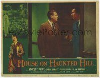 6j232 HOUSE ON HAUNTED HILL LC #6 '59 Alan Marshal standing by door facing Vincent Price with gun!