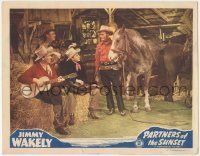 6j373 PARTNERS OF THE SUNSET LC #2 '48 great image of Jimmy Wakely with horse & band inside barn!