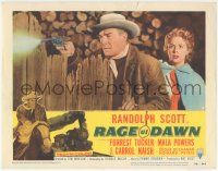 6j397 RAGE AT DAWN LC #3 '55 outlaw hunter Randolph Scott firing gun by pretty Mala Powers!