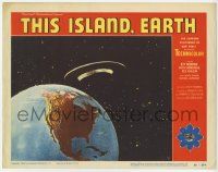 6j509 THIS ISLAND EARTH LC #5 '55 cool image of alien flying saucer in space hovering over Earth!