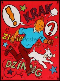 6r987 TINTIN 25x34 Danish commercial poster '70 Herge's classic character running w/dog!