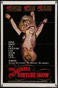 6r236 INCREDIBLE TORTURE SHOW 1sh '76 see the flesh-eating cannibal women, weird horror art!