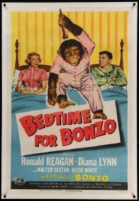 6s013 BEDTIME FOR BONZO linen 1sh '51 wacky chimpanzee on bed between Ronald Reagan & Diana Lynn!