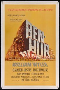 6s014 BEN-HUR linen 1sh '60 Charlton Heston, William Wyler classic religious epic, chariot art!