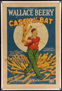 6s038 CASEY AT THE BAT linen 1sh '27 great baseball art of Wallace Beery, from classic poem, rare!