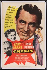 6s054 CRISIS linen 1sh '50 great huge headshot of Cary Grant, plus Paula Raymond & Jose Ferrer!