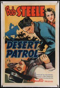 6s061 DESERT PATROL linen 1sh '38 great artwork of cowboy Bob Steele beating up bad guy!