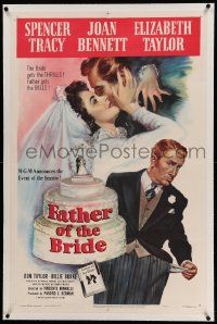 6s081 FATHER OF THE BRIDE linen 1sh '50 art of Liz Taylor in wedding gown & broke Spencer Tracy!