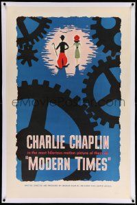 6s170 MODERN TIMES linen 1sh R59 great Henry Cerutti artwork of Charlie Chaplin & Goddard w/ gears!