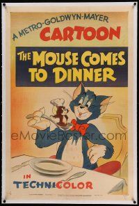 6s174 MOUSE COMES TO DINNER linen 1sh '45 cartoon art of Tom at dinner with chef Jerry on his spoon!