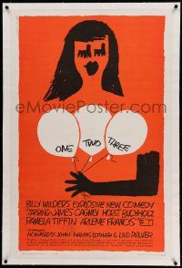 6s193 ONE, TWO, THREE linen 1sh '62 Billy Wilder, James Cagney, Saul Bass art of girl w/ balloons!