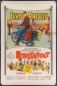 6s227 ROUSTABOUT linen 1sh '64 roving, restless, reckless Elvis Presley on motorcycle with guitar!