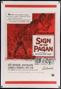 6s246 SIGN OF THE PAGAN linen military 1sh '54 art of Jack Palance as Attila the Hun, Jeff Chandler