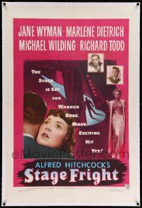 6s258 STAGE FRIGHT linen 1sh '50 Marlene Dietrich, Jane Wyman, directed by Alfred Hitchcock!