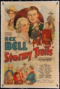 6s262 STORMY TRAILS linen 1sh '36 stone litho of cowboy hero Rex Bell & pretty Lois Wilde!