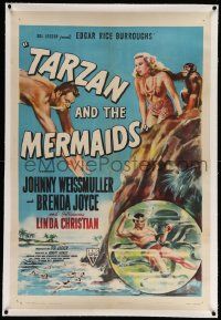 6s268 TARZAN & THE MERMAIDS linen 1sh '48 art of Johnny Weissmuller diving & battling octopus!