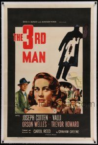 6s276 THIRD MAN linen 1sh R54 art of Orson Welles, Joseph Cotten & Alida Valli, classic film noir!