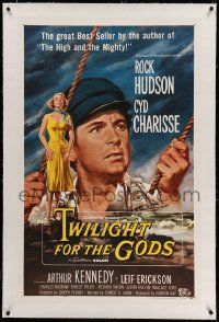 6s286 TWILIGHT FOR THE GODS linen 1sh '58 great artwork of Rock Hudson & sexy Cyd Charisse!