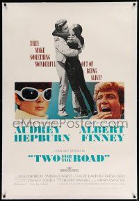 6s287 TWO FOR THE ROAD linen 1sh '67 Audrey Hepburn & Albert Finney embrace, Stanley Donen!