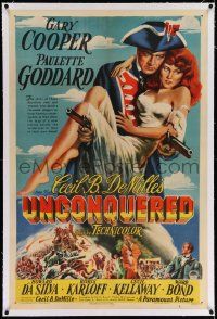 6s288 UNCONQUERED linen 1sh '47 art of Gary Cooper holding sexy Paulette Goddard & two guns!