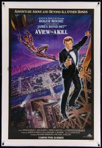 6s292 VIEW TO A KILL linen advance 1sh '85 art of Roger Moore as James Bond & Grace Jones by Goozee!