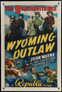 6s306 WYOMING OUTLAW linen 1sh '39 3 Mesquiteers, big John Wayne on horseback & punching bad guy!