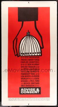6t001 ADVISE & CONSENT linen 3sh '62 Otto Preminger, classic Saul Bass Washington Capitol artwork!
