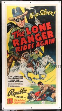 6t007 LONE RANGER RIDES AGAIN linen 3sh '39 cool art of masked Robert Livingston & Tonto, serial!
