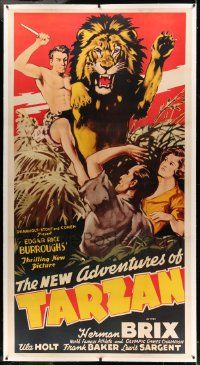6t011 NEW ADVENTURES OF TARZAN linen 3sh '35 different art of Herman Brix with lion, serial, rare!