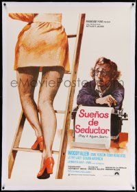 6t226 PLAY IT AGAIN, SAM linen Argentinean '72 Mac Gomez art of Woody Allen by girl on ladder!