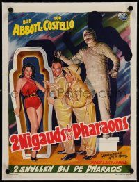 6t169 ABBOTT & COSTELLO MEET THE MUMMY linen Belgian '55 different art of Bud & Lou with monster!