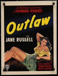 6t196 OUTLAW linen Belgian R1950s wonderful art of sexy Jane Russell with gun, Howard Hughes, rare!