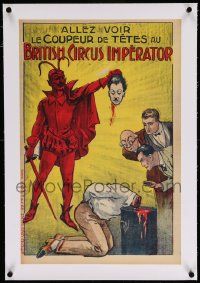6t092 BRITISH CIRCUS IMPERATOR linen 15x24 French circus poster '20s art of Devil w/ severed head!