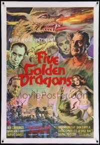 6t324 FIVE GOLDEN DRAGONS linen English 1sh '67 montage art of Chris Lee, Kinski, Raft & Cummings!