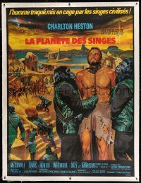 6t167 PLANET OF THE APES linen French 1p '68 art of enslaved Charlton Heston by Jean Mascii!
