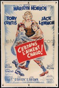 6t152 SOME LIKE IT HOT linen French 31x47 '59 great art of Marilyn Monroe, Curtis & Lemmon in drag!