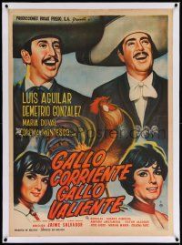 6t245 GALLO CORRIENTE GALLO VALIENTE linen Mexican poster '66 art of Luis Aguilar & cast + rooster!