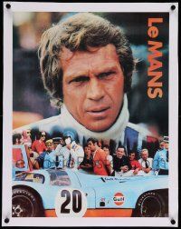 6t052 LE MANS linen 17x23 special '71 Gulf Oil, race car driver Steve McQueen, orange title design!