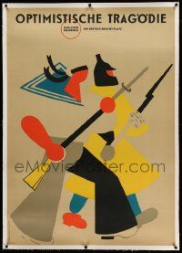 6t059 OPTIMISTISCHE TRAGODIE linen 33x46 German stage poster '58 abstract art of soldier & sailor!