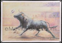 6t119 UNKNOWN ART PRINT linen 26x38 art print '70s Renau art of enraged bull chasing hat in arena!