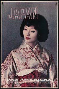 6t072 PAN AMERICAN JAPAN linen 28x42 travel poster '60s great portrait of pretty woman in kimono!