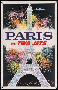 6t074 TWA PARIS linen 25x40 travel poster 1960s David Klein art of Eiffel Tower & fireworks!